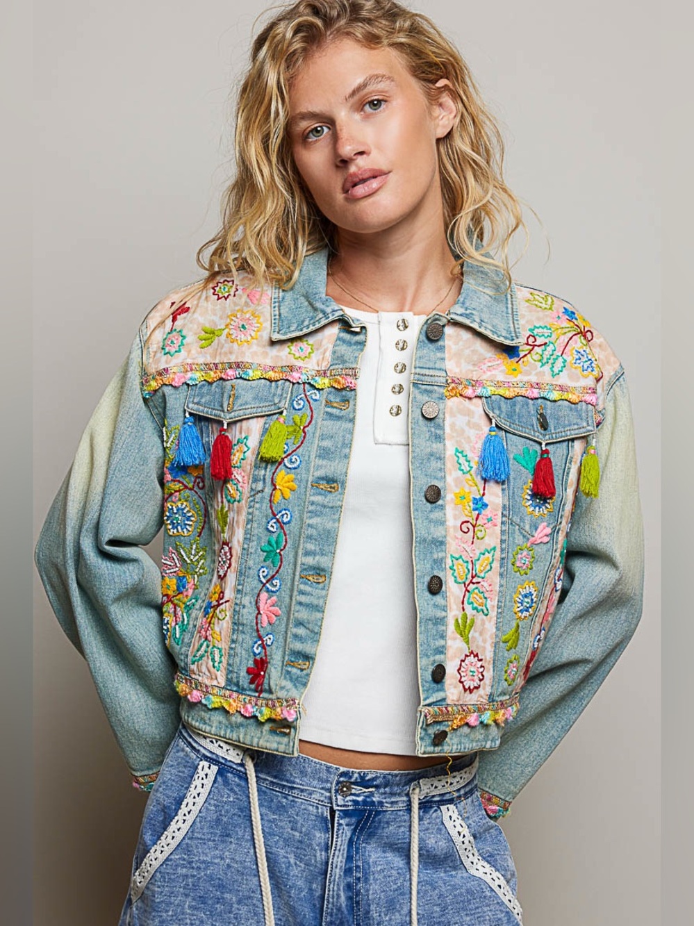 F10. POL Light Wash Denim Jacket with Multicolor Embroidery and Tassels